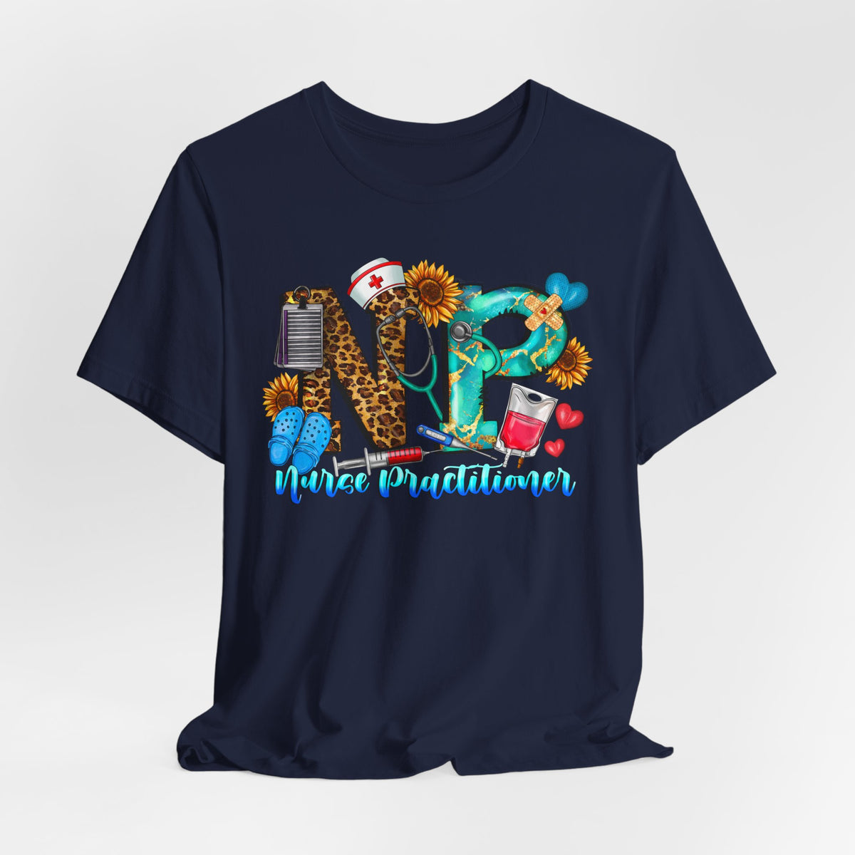NPR Nurse Practitioner Graphic Tee — Floral, Stethoscope & Leopard Print Design