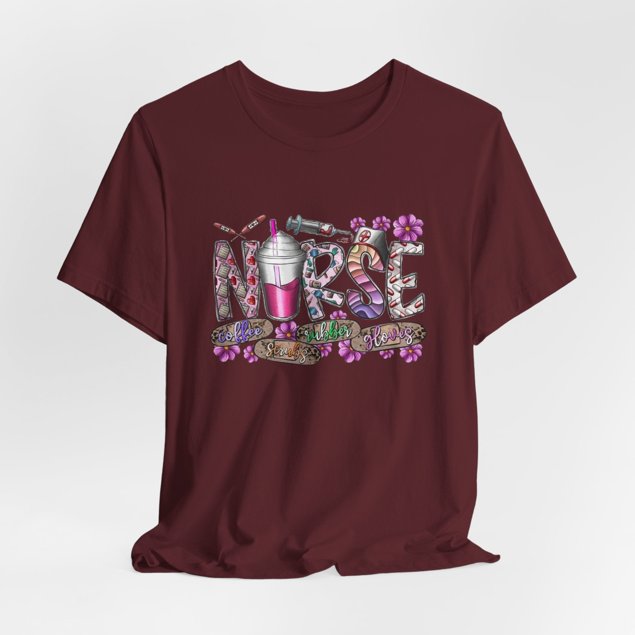 Nurse Floral Stethoscope Tee – Cute Nursing Scrub Shirt with Coffee & Flowers