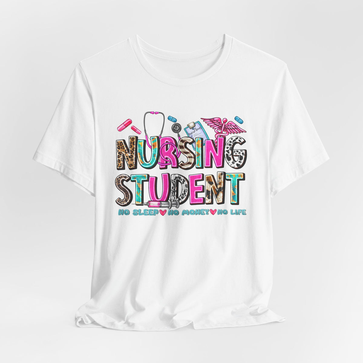 Nursing Student Graphic Tee – Colorful Stethoscope & Scrub Icons