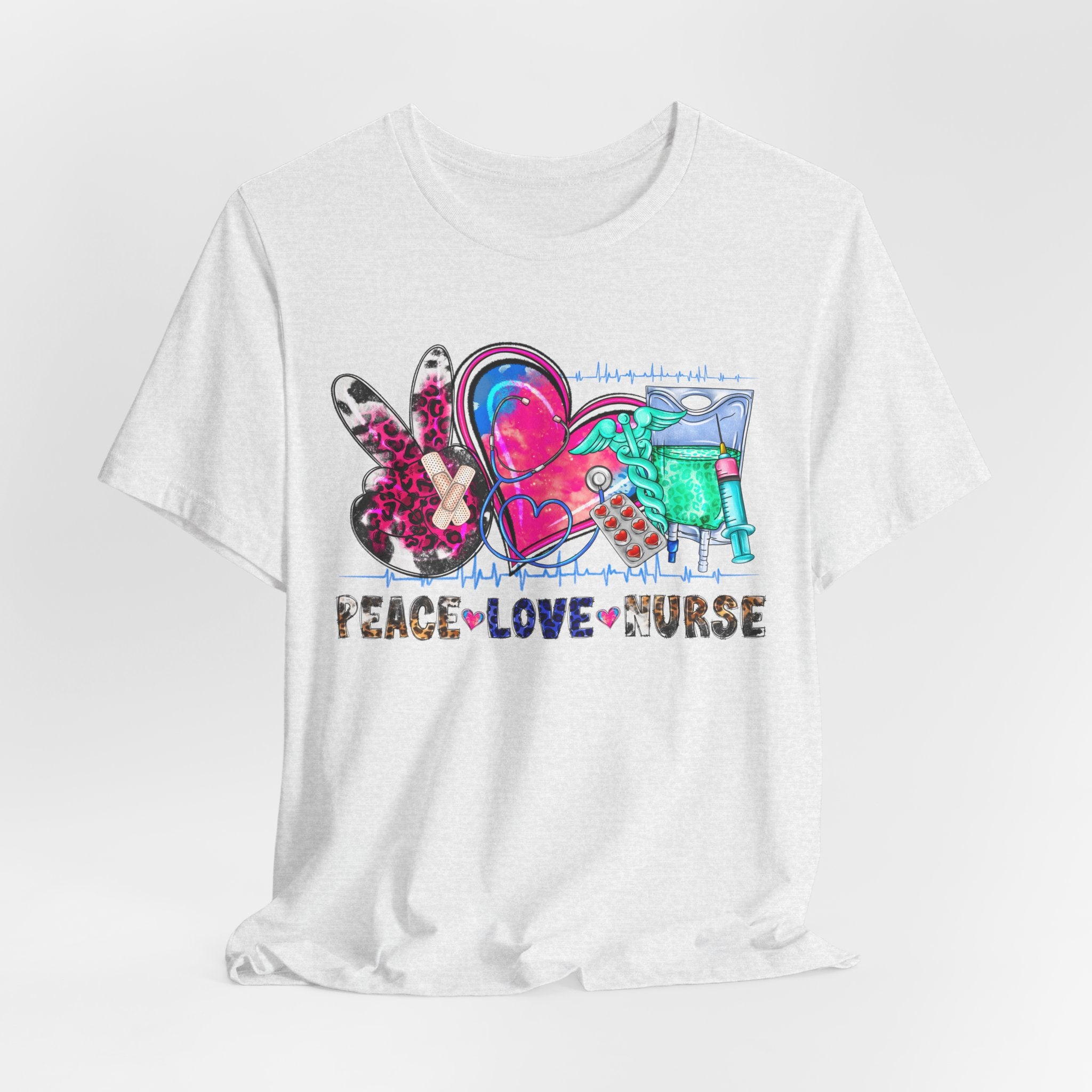 Peace Love Nurse T-Shirt – Colorful Floral Heart & Scrubs Graphic Tee for Nurses