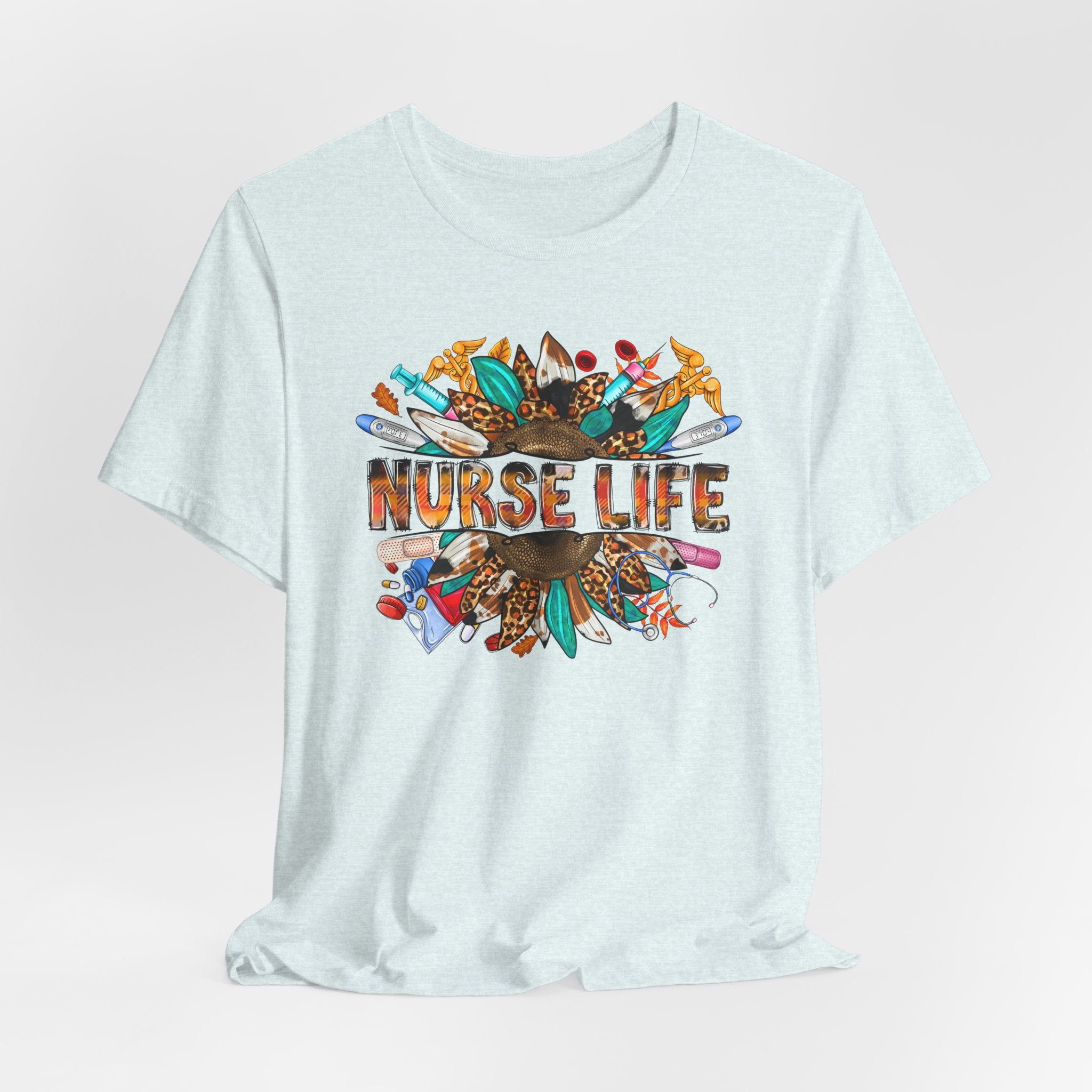 Nurse Life Graphic T-Shirt — Floral Medical Icons Tee for Nurses