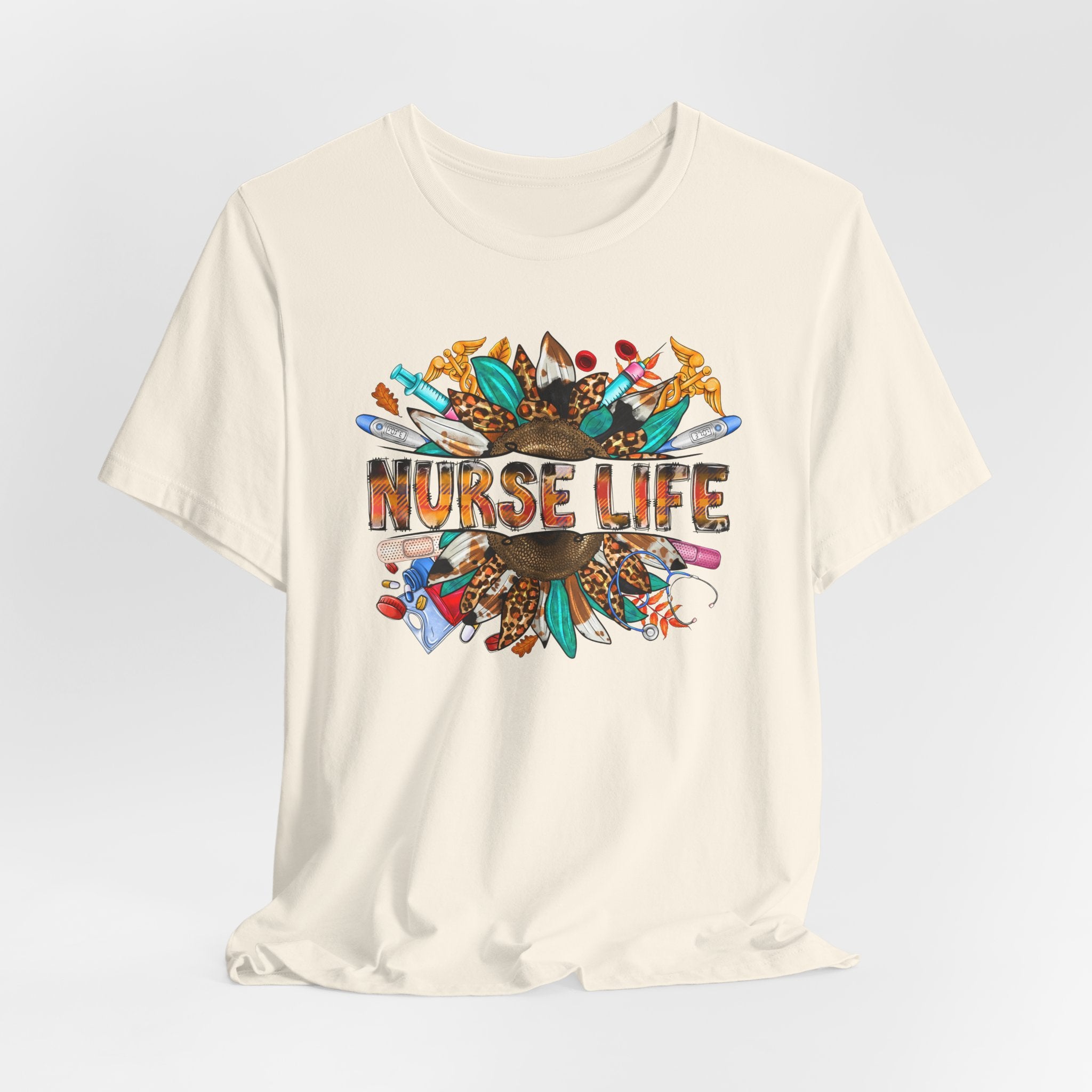 Nurse Life Graphic T-Shirt — Floral Medical Icons Tee for Nurses