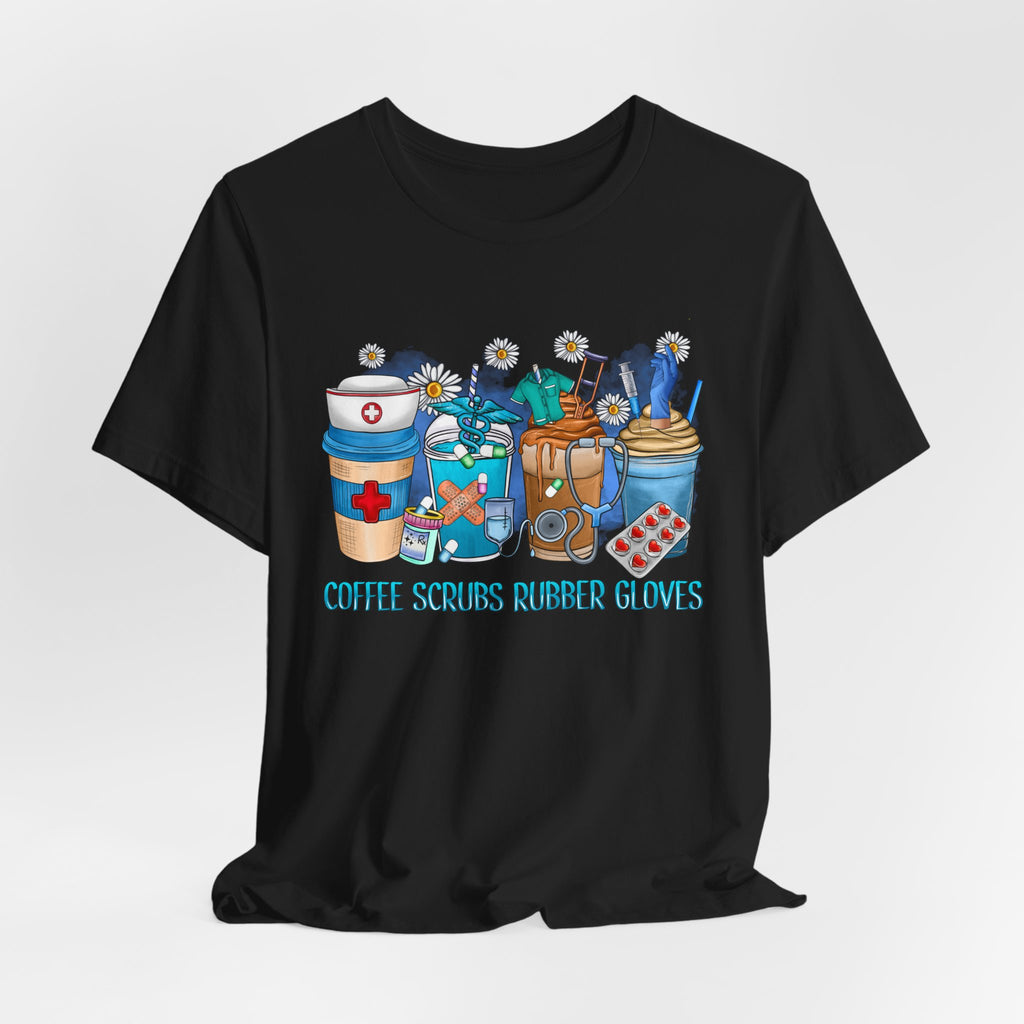 Coffee Scrubs Rubber Gloves T-Shirt — Cute Self-Care Illustration Tee
