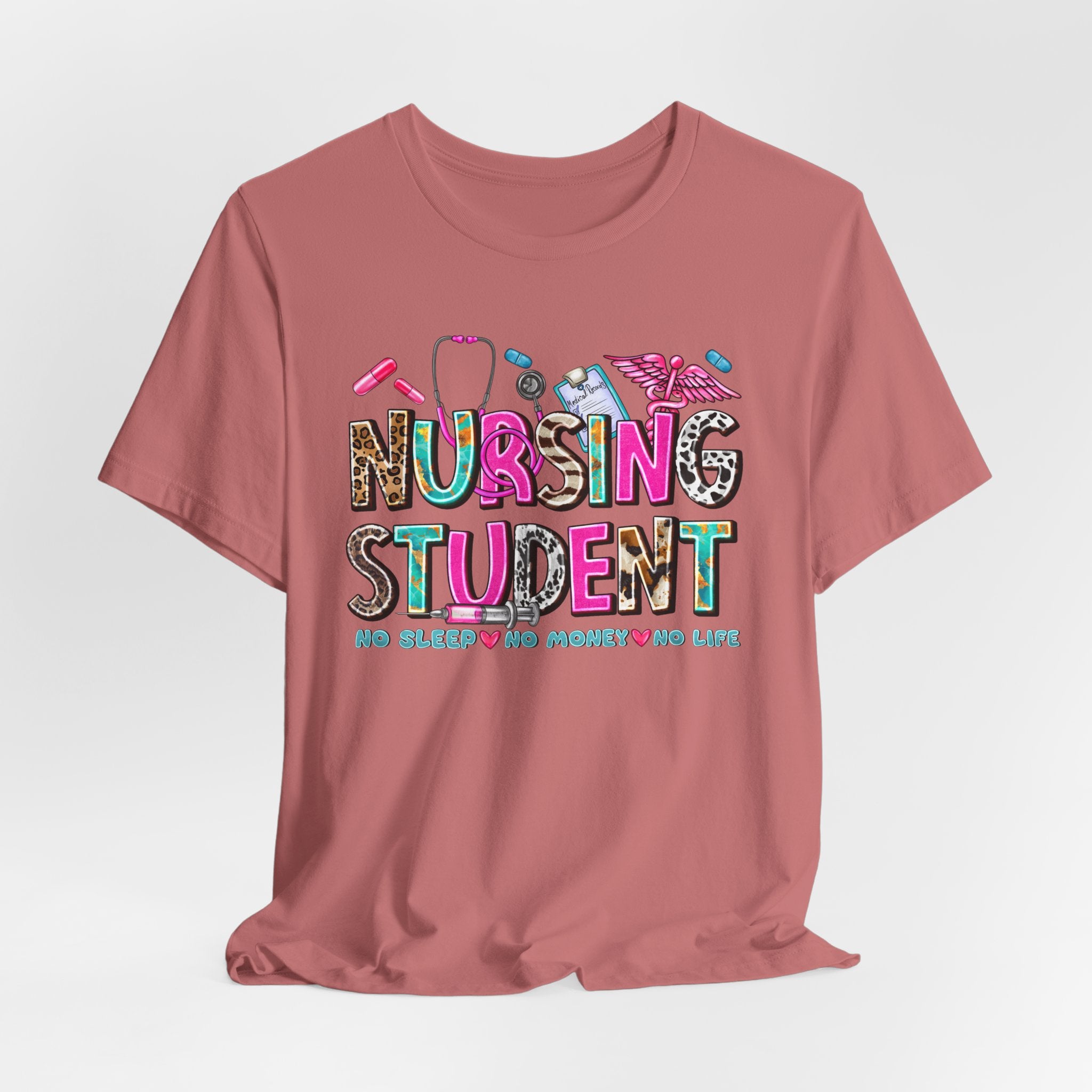 Nursing Student Graphic Tee – Colorful Stethoscope & Scrub Icons