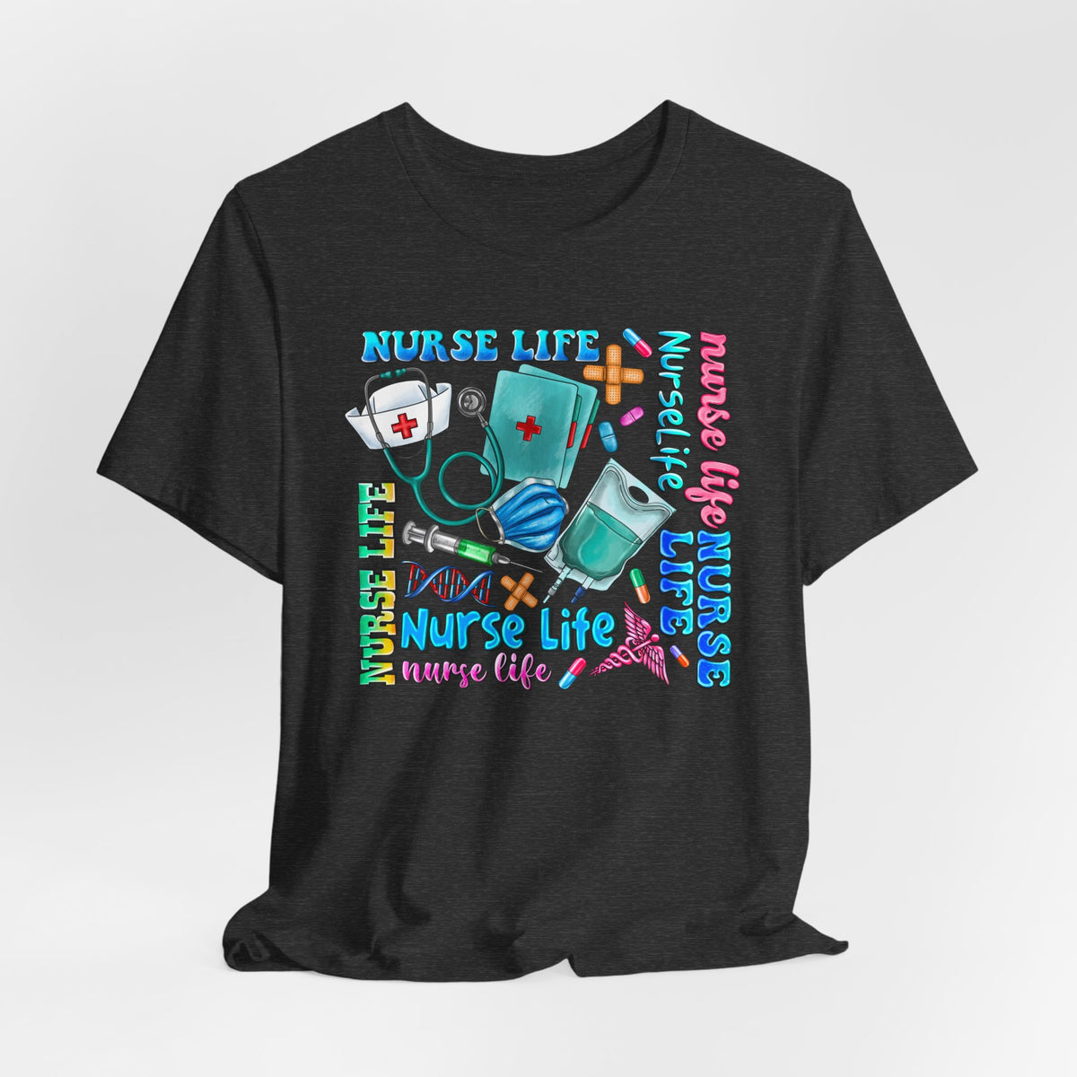 Nurse Life Graphic Tee — Colorful Nursing Icons & 'Nurse Life' Text