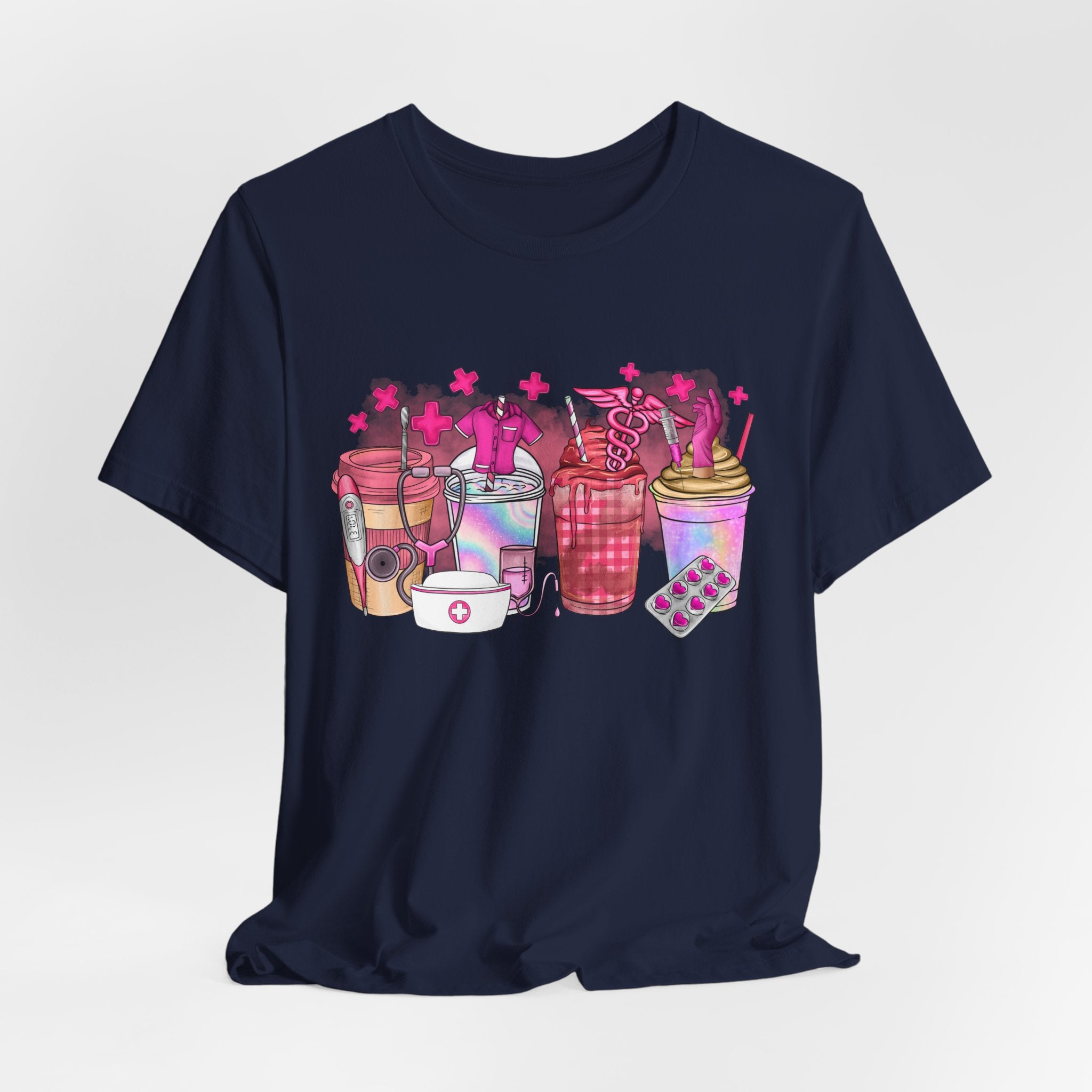 Coffee & Bubble Tea Graphic Tee — Pink Drinks Illustration