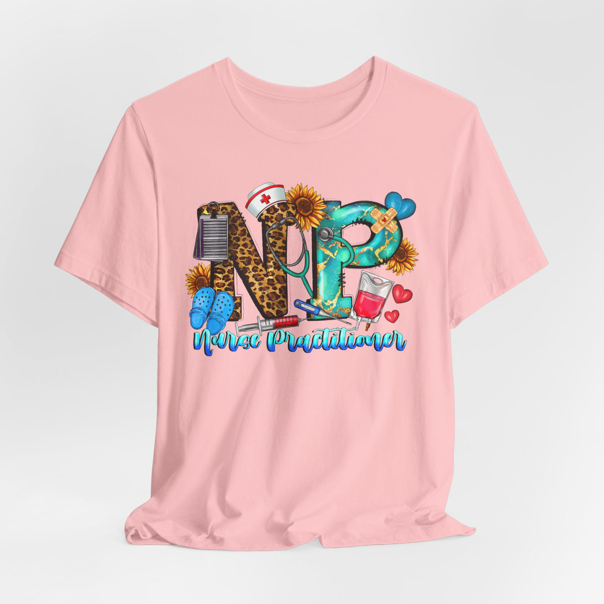 NPR Nurse Practitioner Graphic Tee — Floral, Stethoscope & Leopard Print Design