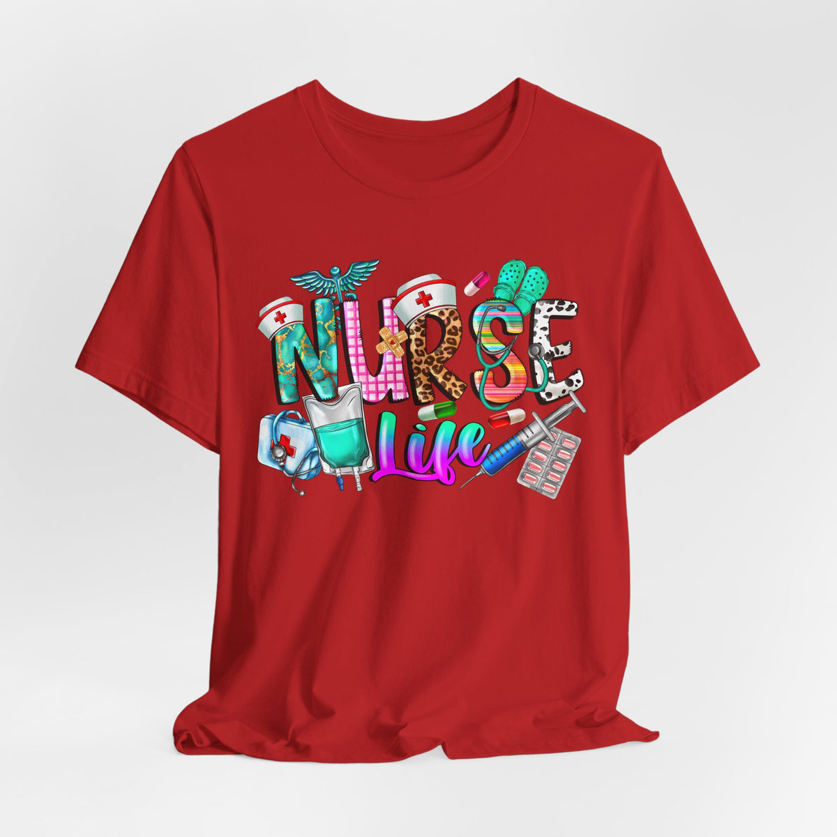 Nurse Life Graphic Tee — Colorful Medical Icons T-Shirt for Nurses