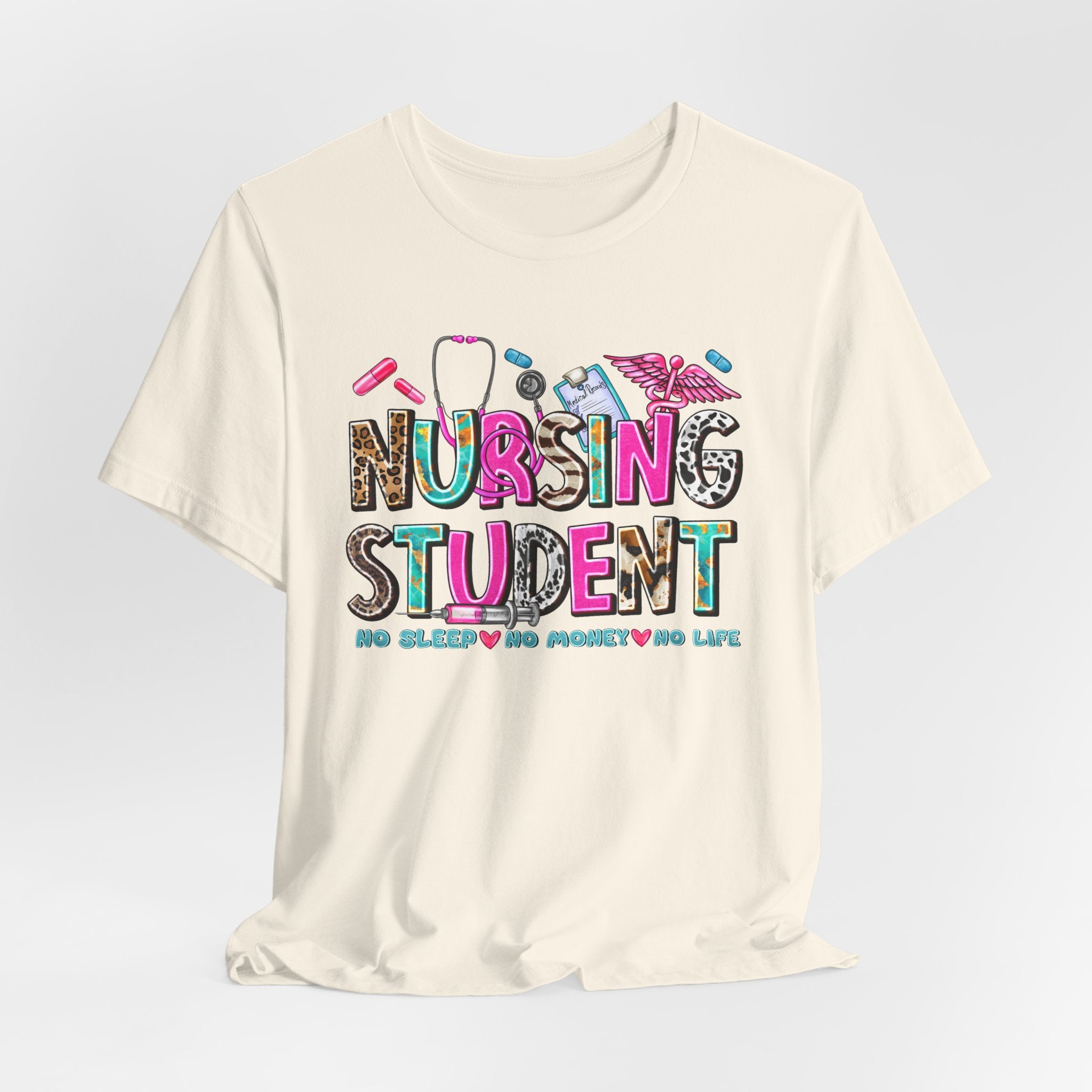 Nursing Student Graphic Tee – Colorful Stethoscope & Scrub Icons