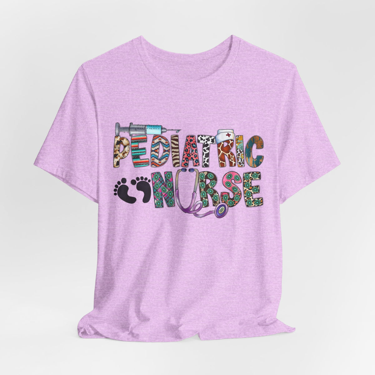 Pediatric Nurse Graphic Tee — Colorful Stethoscope & Baby Prints Design